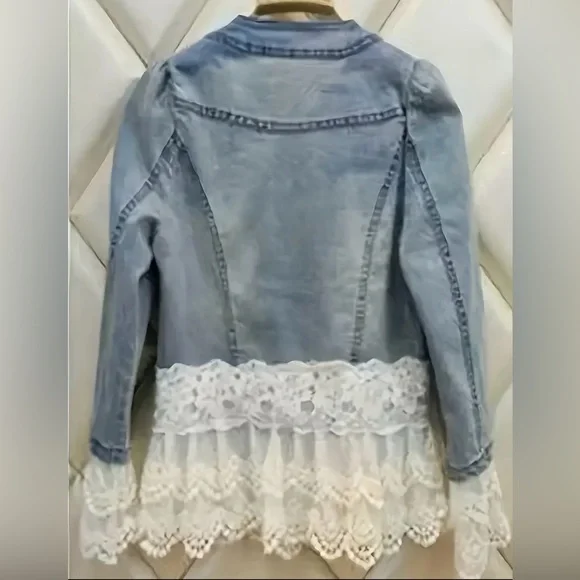 Pearl Embellished Denim Jacket with Lace Trim - Picture 3 of 5